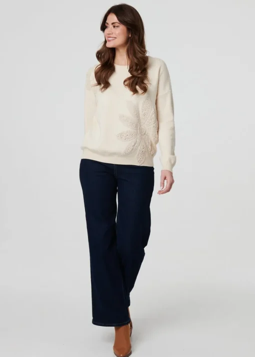 Izabel London Ivory Floral Embroidered Drop Shoulder Jumper
