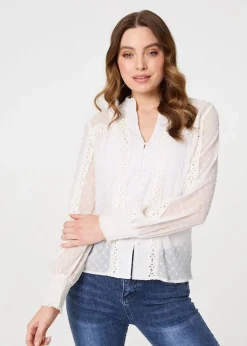 Izabel London Ivory Lace Trim High Neck Long Sleeve Blouse