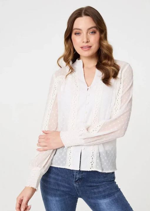 Izabel London Ivory Lace Trim High Neck Long Sleeve Blouse