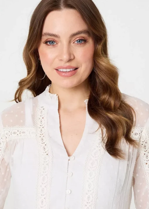 Izabel London Ivory Lace Trim High Neck Long Sleeve Blouse