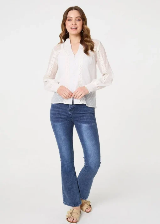 Izabel London Ivory Lace Trim High Neck Long Sleeve Blouse