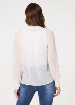 Izabel London Ivory Lace Trim High Neck Long Sleeve Blouse