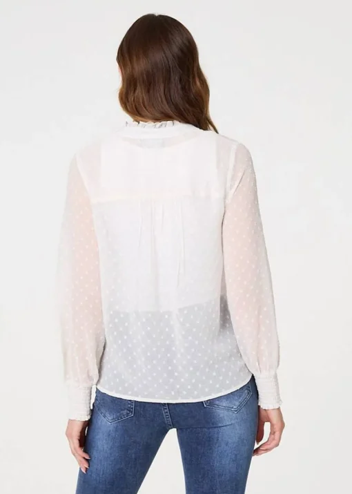 Izabel London Ivory Lace Trim High Neck Long Sleeve Blouse