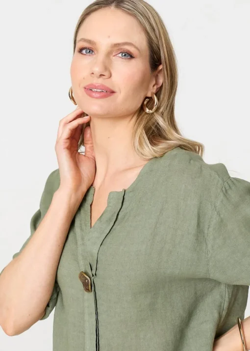 Izabel London Khaki Button Detail V-Neck Blouse