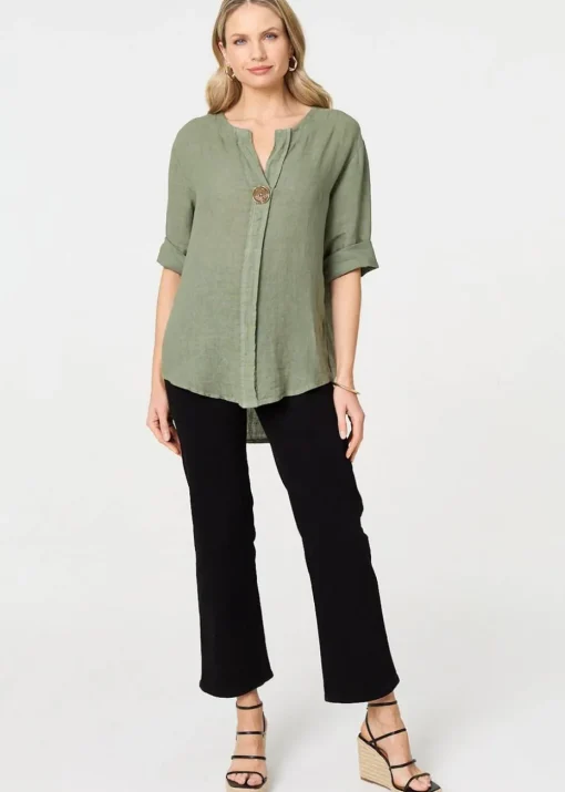 Izabel London Khaki Button Detail V-Neck Blouse