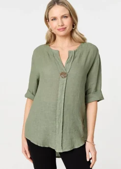 Izabel London Khaki Button Detail V-Neck Blouse