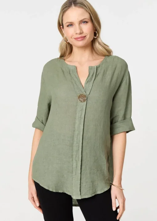 Izabel London Khaki Button Detail V-Neck Blouse