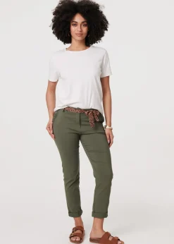 Izabel London Khaki Mid Rise Straight Trousers with Belt