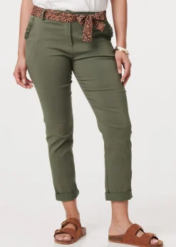 Izabel London Khaki Mid Rise Straight Trousers with Belt