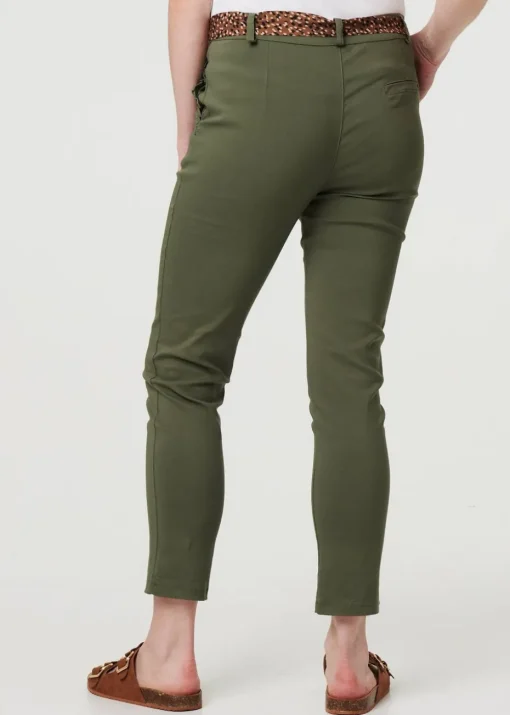 Izabel London Khaki Mid Rise Straight Trousers with Belt