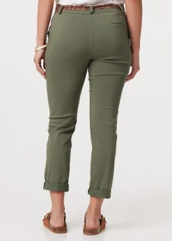 Izabel London Khaki Mid Rise Straight Trousers with Belt