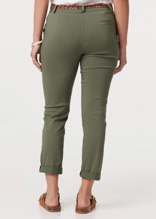 Izabel London Khaki Mid Rise Straight Trousers with Belt