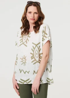 Izabel London Khaki Printed Short Sleeve Relaxed Blouse