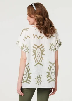Izabel London Khaki Printed Short Sleeve Relaxed Blouse
