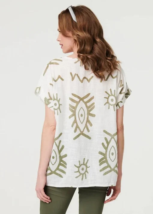 Izabel London Khaki Printed Short Sleeve Relaxed Blouse