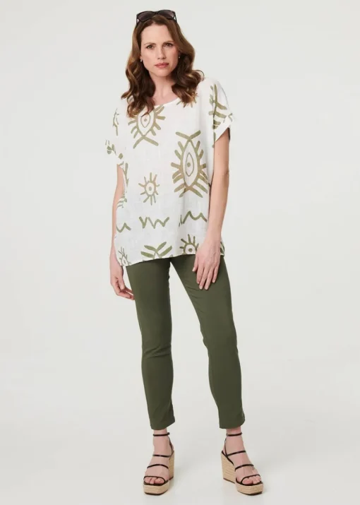 Izabel London Khaki Printed Short Sleeve Relaxed Blouse
