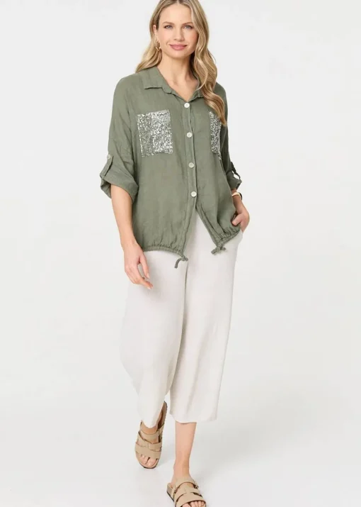 Izabel London Khaki Sequin Detail 3/4 Turn-Up Sleeve Shirt