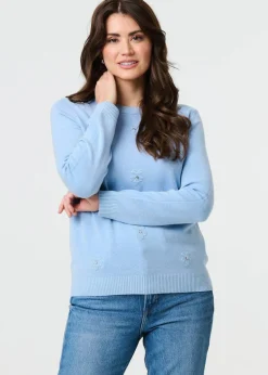 Izabel London Light Blue Floral Gemstone Embellished Jumper