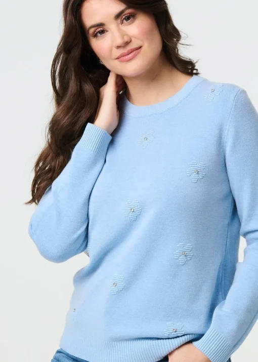 Izabel London Light Blue Floral Gemstone Embellished Jumper