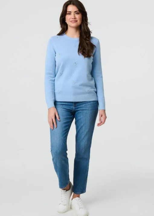 Izabel London Light Blue Floral Gemstone Embellished Jumper
