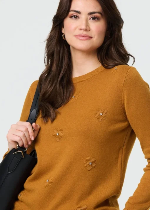 Izabel London Mustard Floral Gemstone Embellished Jumper