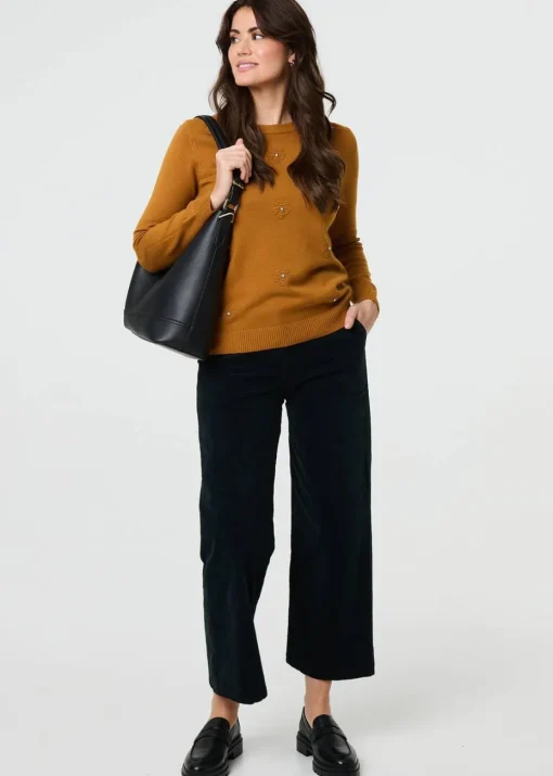 Izabel London Mustard Floral Gemstone Embellished Jumper