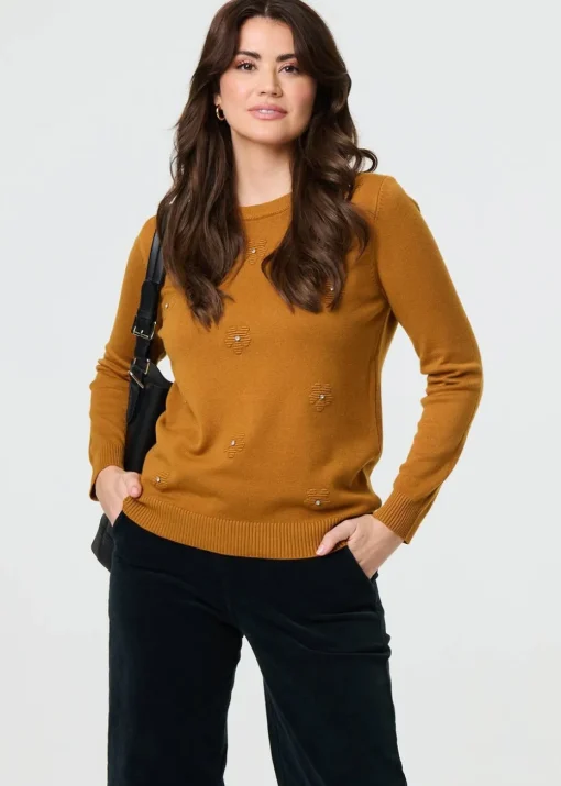 Izabel London Mustard Floral Gemstone Embellished Jumper