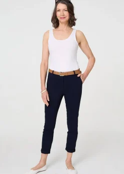 Izabel London Navy Belt Detail Slim Fit Cropped Trousers