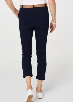 Izabel London Navy Belt Detail Slim Fit Cropped Trousers