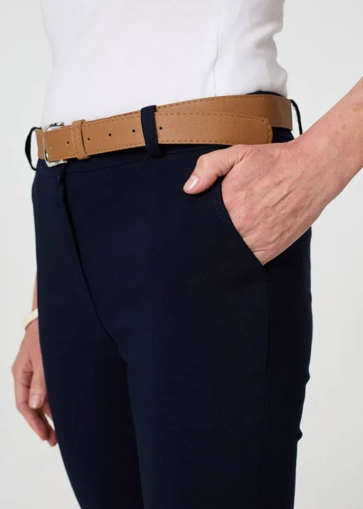 Izabel London Navy Belt Detail Slim Fit Cropped Trousers