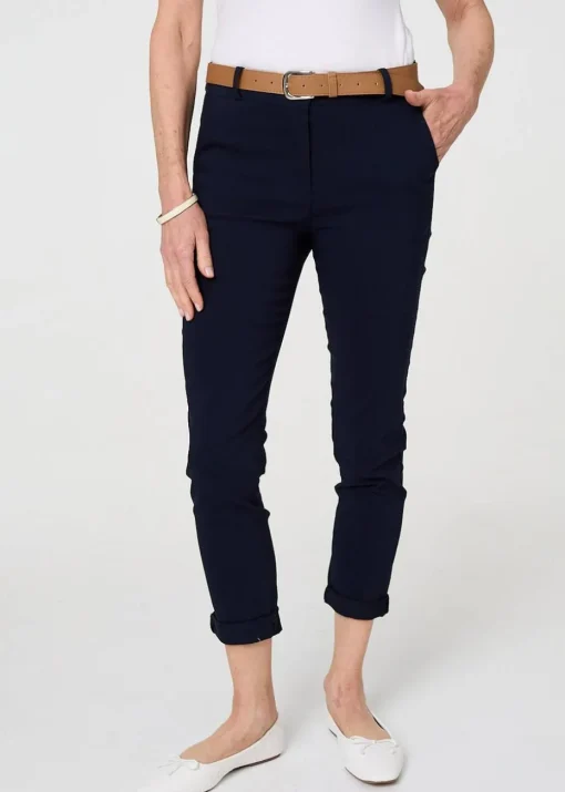 Izabel London Navy Belt Detail Slim Fit Cropped Trousers
