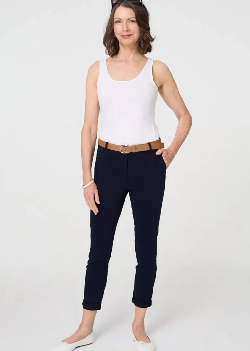 Izabel London Navy Belt Detail Slim Fit Cropped Trousers