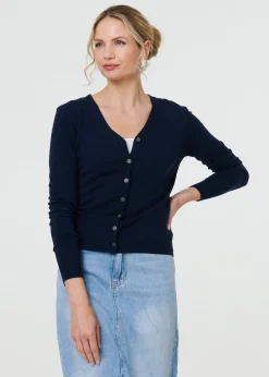 Izabel London Navy Cropped Button Up Slim Knit Cardigan