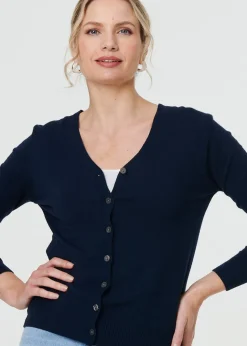 Izabel London Navy Cropped Button Up Slim Knit Cardigan
