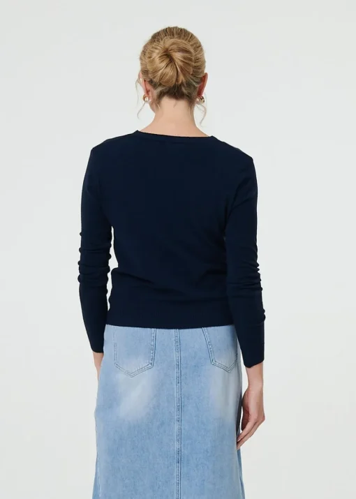 Izabel London Navy Cropped Button Up Slim Knit Cardigan