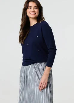 Izabel London Navy Floral Gemstone Embellished Jumper