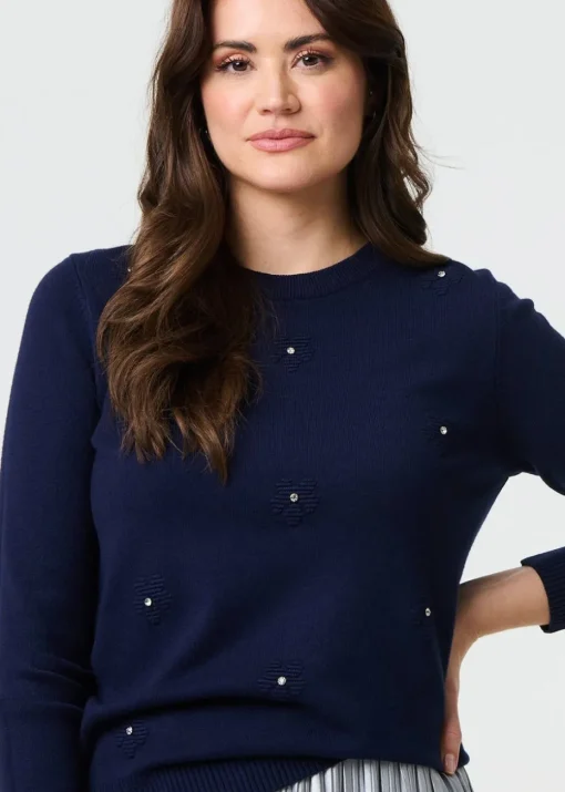 Izabel London Navy Floral Gemstone Embellished Jumper