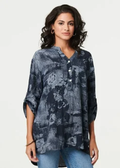 Izabel London Navy Floral 3/4 Sleeve Relaxed Blouse