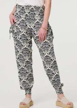 Izabel London Navy Ikat Print High Waist Tapered Harem Pants