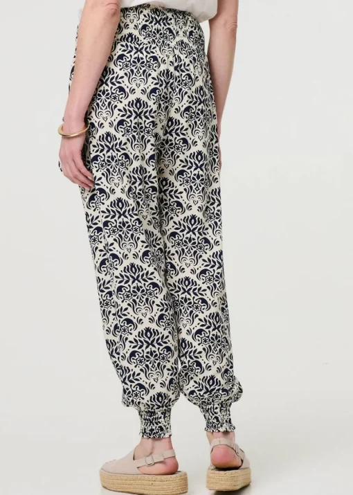 Izabel London Navy Ikat Print High Waist Tapered Harem Pants