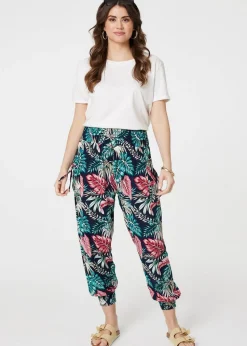 Izabel London Navy Leaf Print Harem Pants with Pockets
