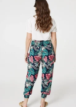 Izabel London Navy Leaf Print Harem Pants with Pockets