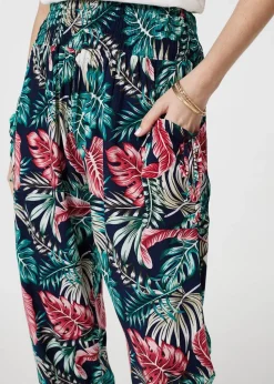 Izabel London Navy Leaf Print Harem Pants with Pockets