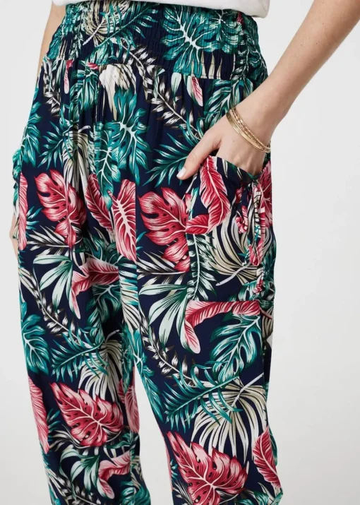 Izabel London Navy Leaf Print Harem Pants with Pockets