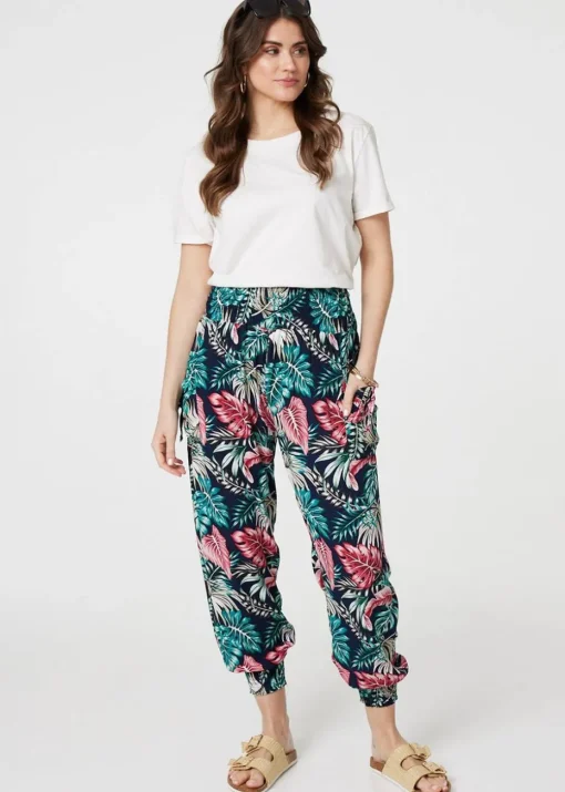 Izabel London Navy Leaf Print Harem Pants with Pockets