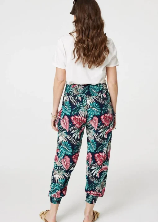 Izabel London Navy Leaf Print Harem Pants with Pockets