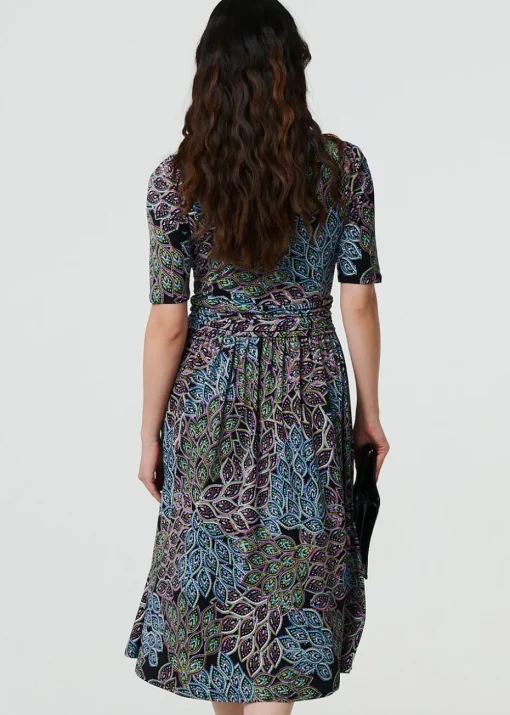 Izabel London Navy Leaf Print Faux Wrap Midi Dress