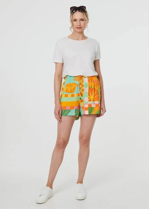 Izabel London Orange Patchwork Print Tie Waist Relaxed Shorts