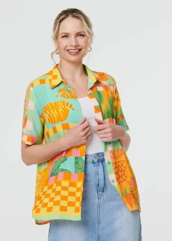 Izabel London Orange Patchwork Print Short Sleeve Boxy Shirt