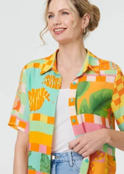 Izabel London Orange Patchwork Print Short Sleeve Boxy Shirt